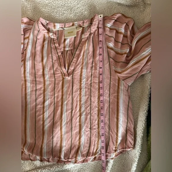 Anthropologie Maeve Byron Striped Balloon Sleeve Boho Top Pink Rose Women Med - Picture 7 of 9